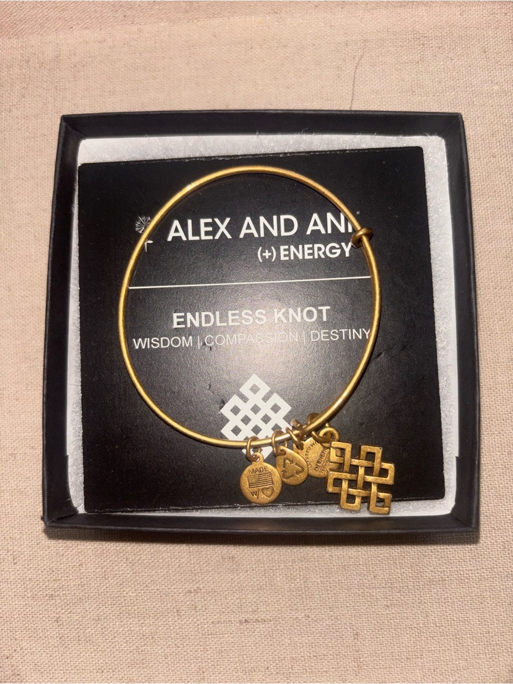 NWT Alex and Ani Gold Endless Knot Charm Bangle Bracelet